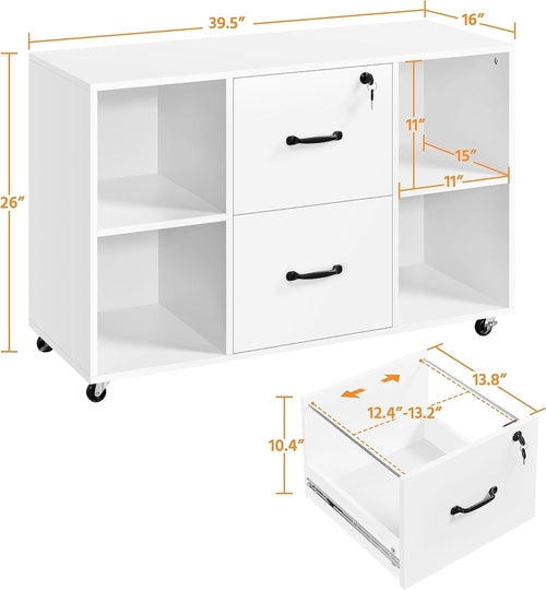 White File Cabinet Mobile Letter Size File Cabinet with 2 Drawers and