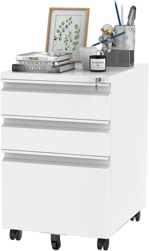 Three Drawer Mobile File Cabinet Under Desk White With Locking System