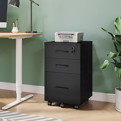 3 Drawer Wood Mobile File Cabinet With Wheels Black Under Desk Office