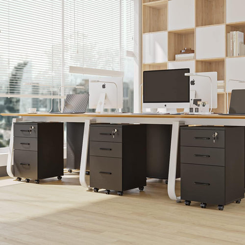 3 Drawer Wood Mobile File Cabinet With Wheels Black Under Desk Office