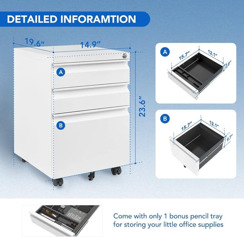 Three Drawer Mobile File Cabinet Under Desk White With Locking System