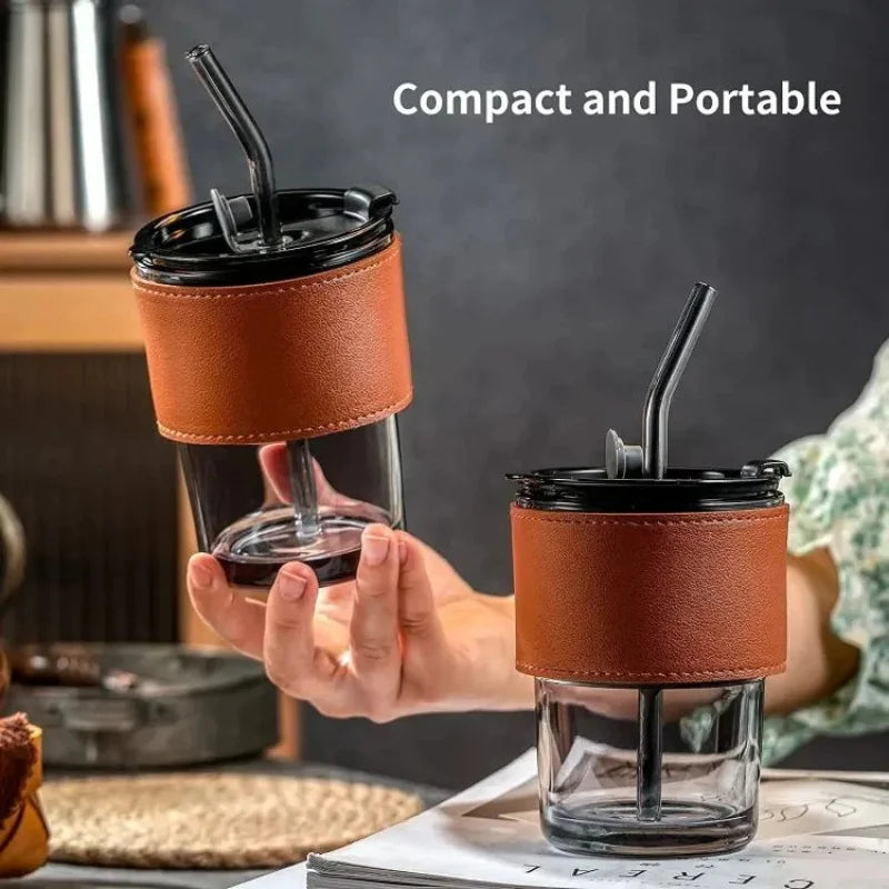 Bamboo Joint Glass Cup with Lid & Straw | 13oz Can-Shaped Tumbler with Leather Sleeve