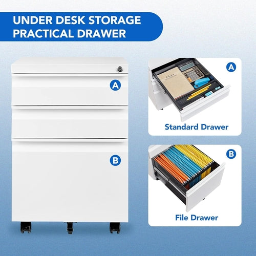 Three Drawer Mobile File Cabinet Under Desk White With Locking System