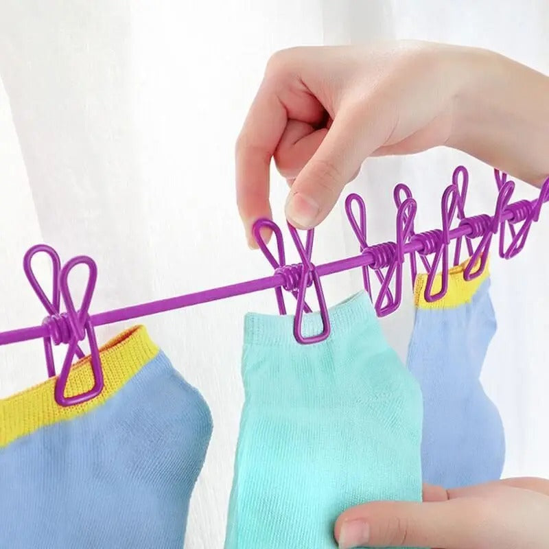 Portable Drying Rope with 12 Clips & 2 Hooks | Travel Clothesline for Indoor & Outdoor Use