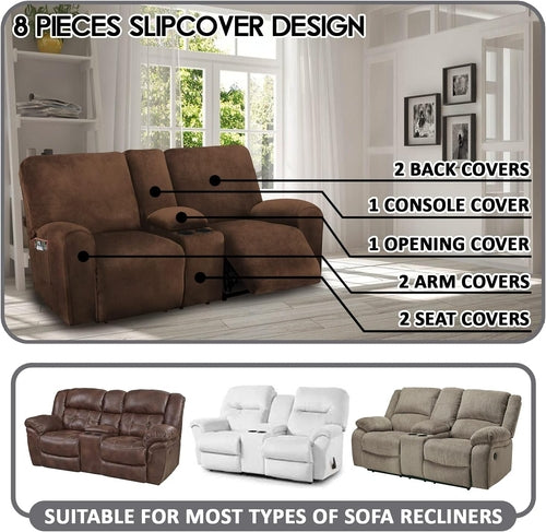 Velvet 8-Piece Reclining Loveseat Cover In Chocolate