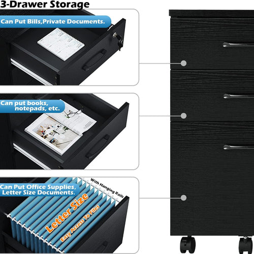 3 Drawer Wood Mobile File Cabinet With Wheels Black Under Desk Office
