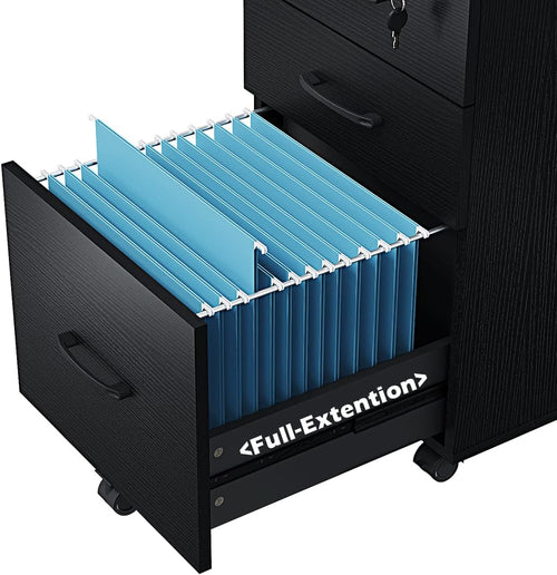 3 Drawer Wood Mobile File Cabinet With Wheels Black Under Desk Office