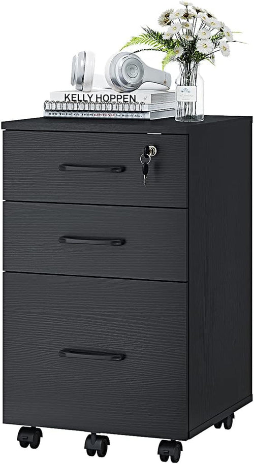 3 Drawer Wood Mobile File Cabinet With Wheels Black Under Desk Office