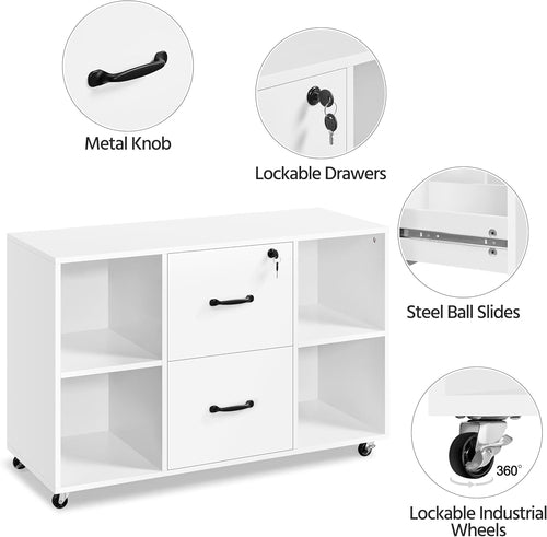 White File Cabinet Mobile Letter Size File Cabinet with 2 Drawers and