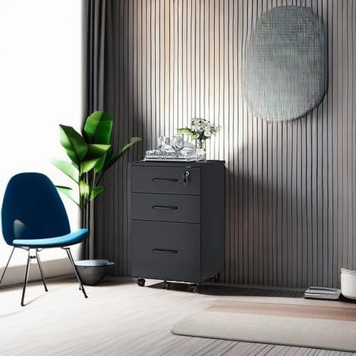 3 Drawer Wood Mobile File Cabinet With Wheels Black Under Desk Office
