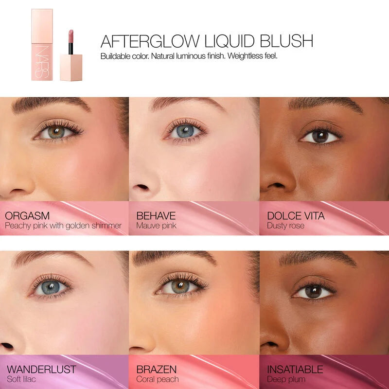 Orgasm | NARS Afterglow Liquid Blush 7ml Buildable Hydrating Blush with Sodium Hyaluronate and Vegan Protein