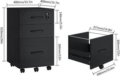 3 Drawer Wood Mobile File Cabinet With Wheels Black Under Desk Office