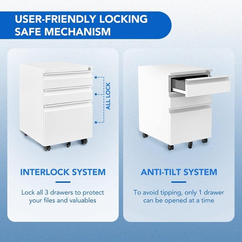 Three Drawer Mobile File Cabinet Under Desk White With Locking System